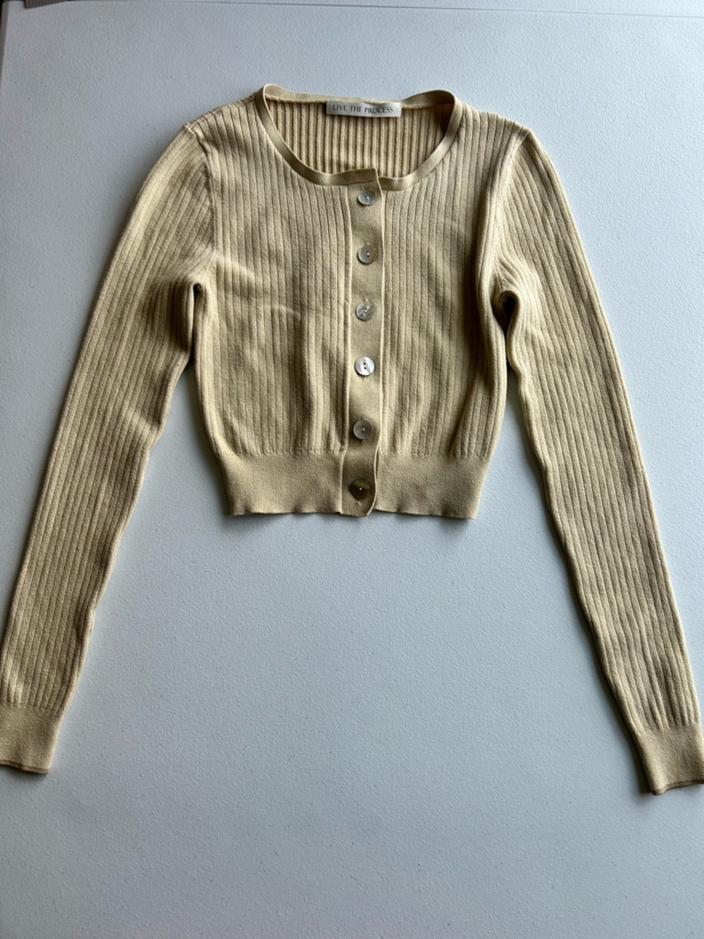 Live The Process Jaya Ribbed Cropped Cardigan Silk Blend Beige Small